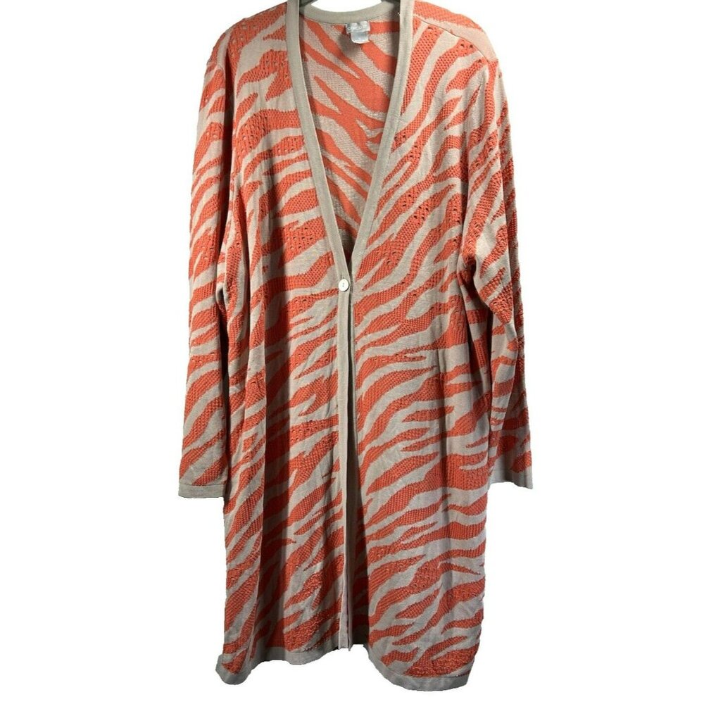 Chico's Sweater Cardigan 2X Orange Tan Long Knit Animal Print Long Sleeve Button